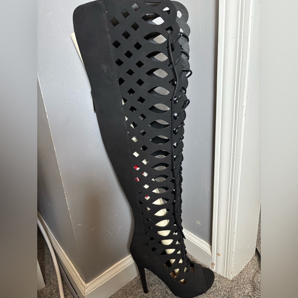 New Women's Black Sexy Lace-Up Cutout Boots New